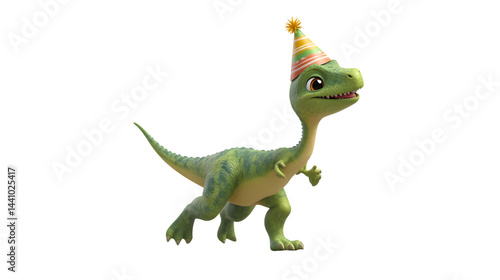 A cheerful dinosaur wearing a party hat perfect for birthday celebrations and festive designs