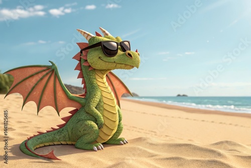 Relaxing dragon enjoys a sunny day on the serene beach, wearing cool sunglasses while soaking up the sun Generative AI