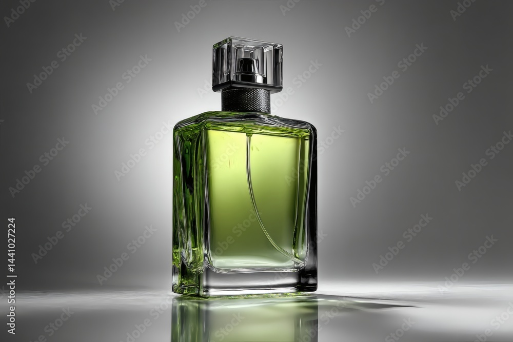 Elegant green perfume bottle with silver cap on a reflective surface. The bottle is rectangular with clean lines, suggesting a modern and sophisticated fragrance. Elegant green perfume bottle with silver cap on a reflective surface. The bottle is rectangular with clean lines, suggesting a modern and sophisticated fragrance.