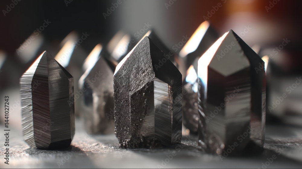 Detailed view of tungsten carbide crystals showcasing their unique geometric shapes and lustrous surfaces