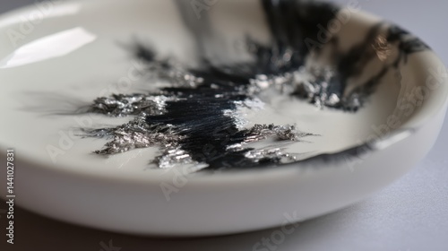 Wolframite streak on porcelain plate shows striking mineral textures and contrast