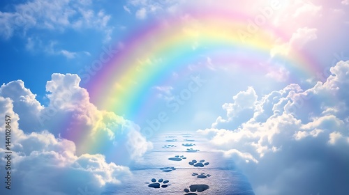 Beautiful rainbow bridge connecting the sky with paw prints across a cloud-filled path in the picture
