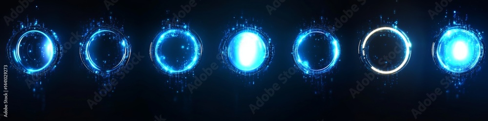 Obraz premium Neon blue light circles surround a futuristic space teleport, complete with round platforms, a protective dome, a hologram portal, and bright energy sparkles, all set against a black background