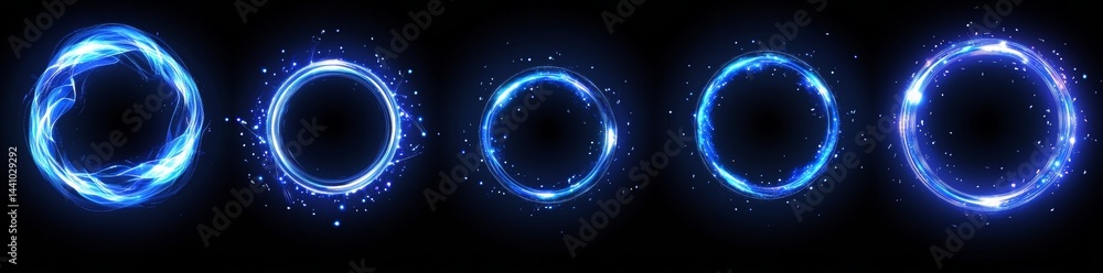 Obraz premium A futuristic space teleport is depicted in a modern realistic illustration, featuring round platforms, a protective dome, a hologram portal, and bright energy sparkles, isolated on a black background