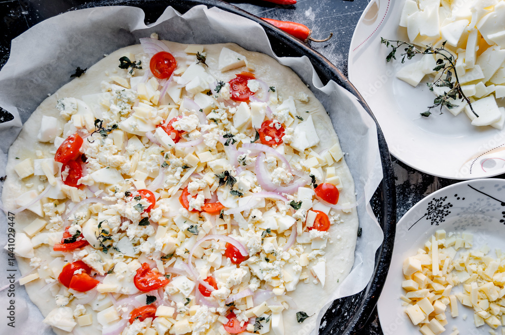 A homemade pizza in its raw form, assembled with toppings. The dough is uncooked but fully prepared with sauce, cheese, and fresh ingredients. The kitchen is cozy and softly lit, with utensils, bowls,