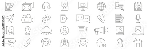 Communication And Technology Line Icon Set. Digital Communication And Networking Outline Symbol Collection. Email, Messaging, Cloud Computing. Editable Stroke. Isolated Vector Illustration