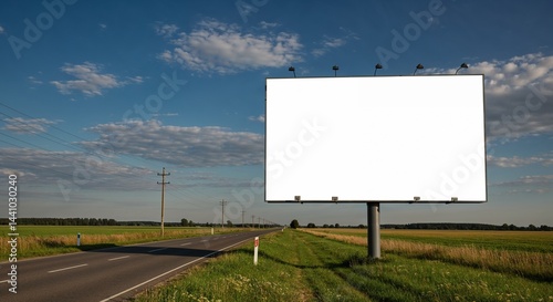 Large empty billboard mockup standing by a rural road with clear sky background, perfect for outdoor advertisement with copy space