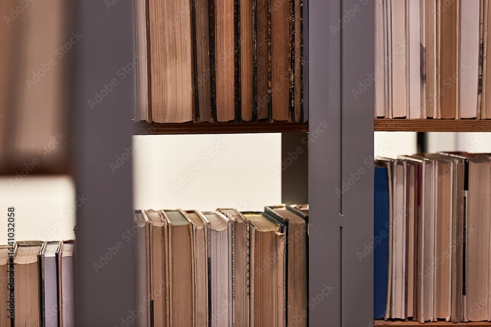 Many book shelves in a library