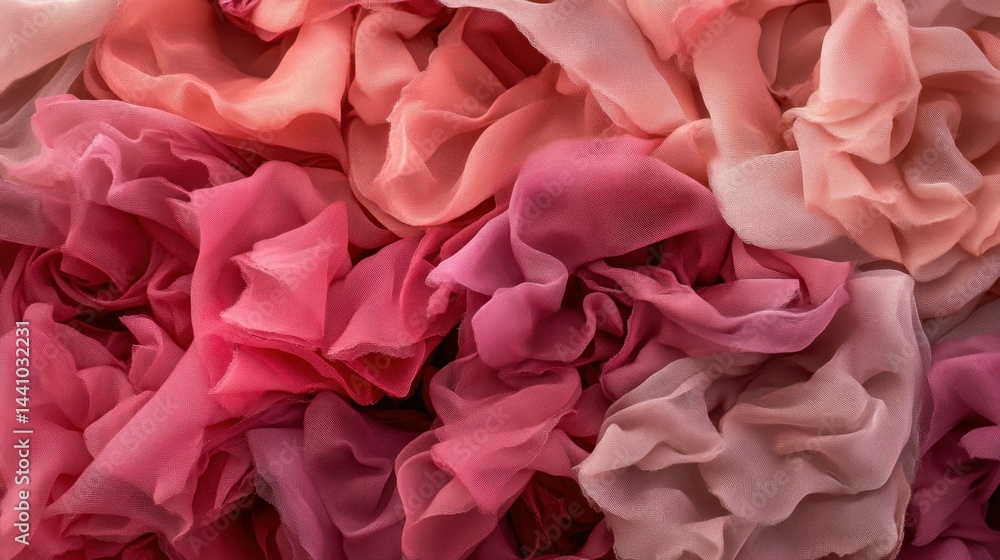 A close-up view of crumpled, various shades of pink fabrics. A close-up view of crumpled, various shades of pink fabrics.
