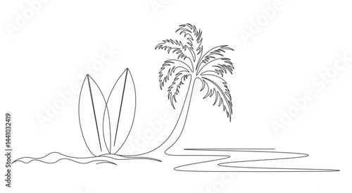 Seascape drawing with one single continuous line. Landscape tropical oasis with surfing board on beach. Surfboard standing on sandy beach. Sea with palm tree. Linear vector editable illustration.