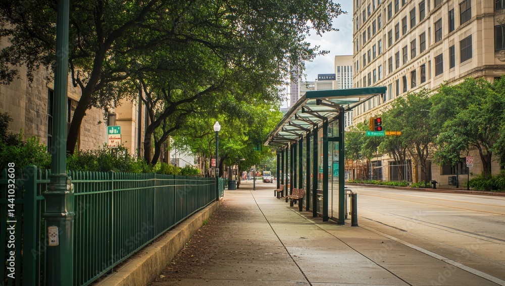 Obraz premium Wide shot of the street in downtown Houston, with a sidewalk featuring a green fence on one side and trees on the other Generative AI
