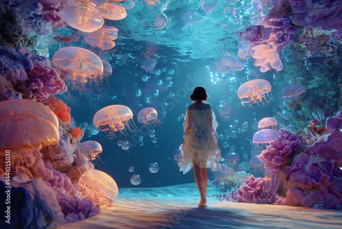 A woman immersed in the magical, underwater world of jellyfish and coral. She appears serene, surrounded by an ethereal glow