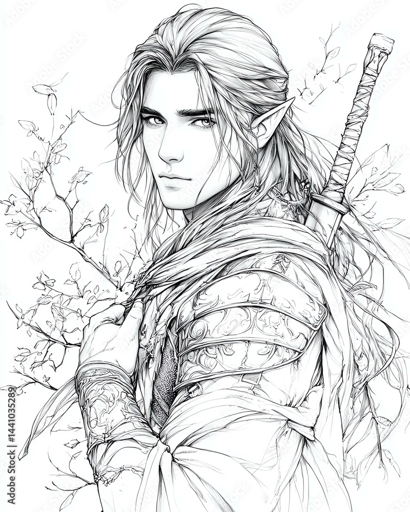 Fototapeta premium A stunning black and white illustration of an elven warrior amidst nature, showcasing intricate details and elegance.