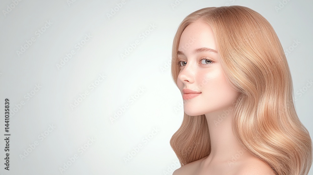 Naklejka premium Portrait of woman with long wavy strawberry blonde hair, soft pastel background with glowing skin and elegant hairstyle, minimal fashion beauty concept
