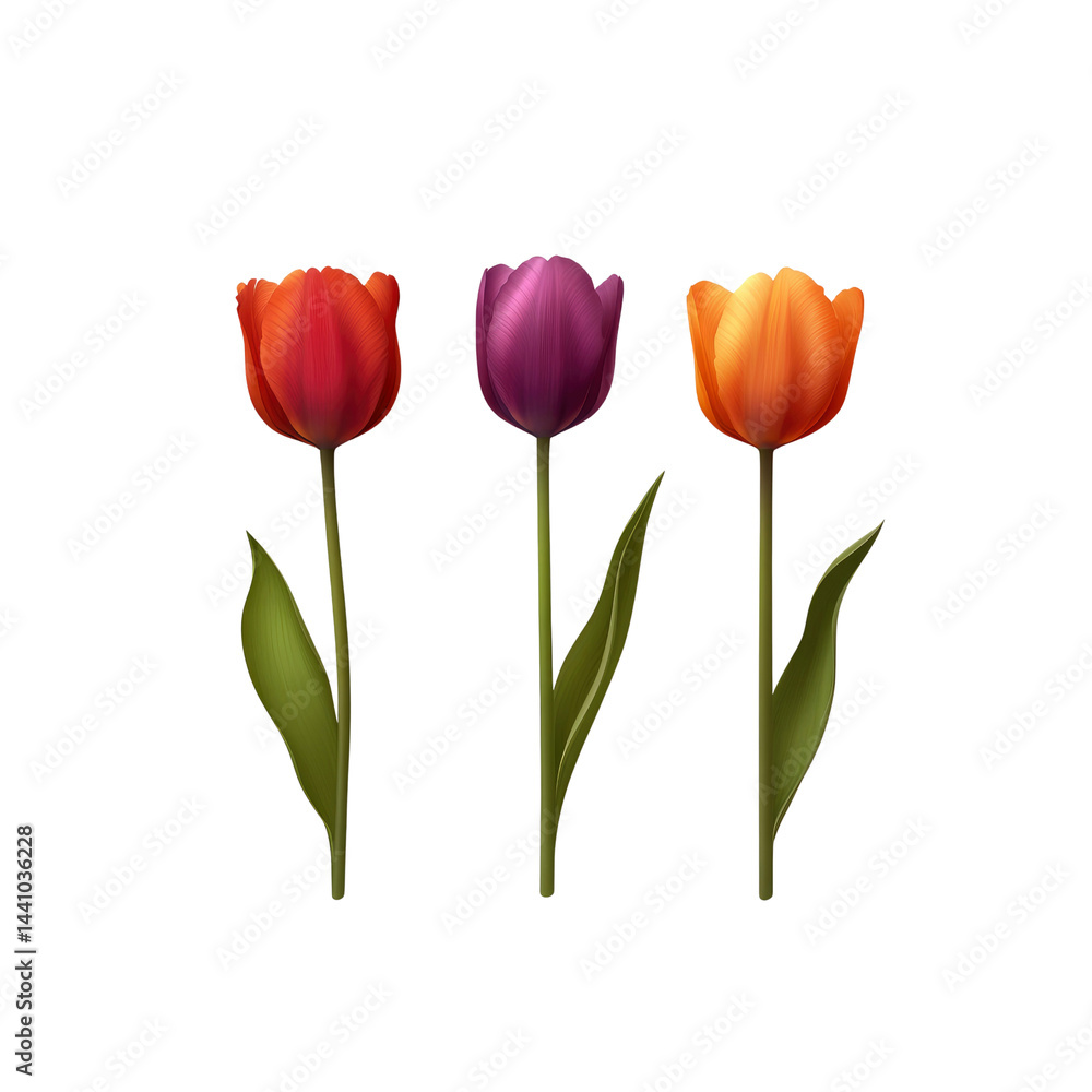 Trio of Vibrant Tulips Red, Purple, and Orange Spring Blossoms Trio of Vibrant Tulips Red, Purple, and Orange Spring Blossoms