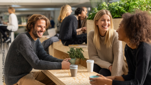 Casual office moment showing employees bonding over coffee in a modern workspace.
