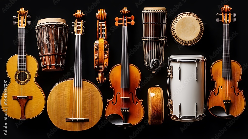Naklejka premium Diverse musical instruments arranged on a dark background.