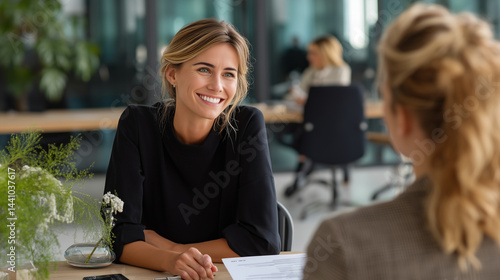 A professional job interview between HR and a candidate in a well-lit office, showing employment procedures.

