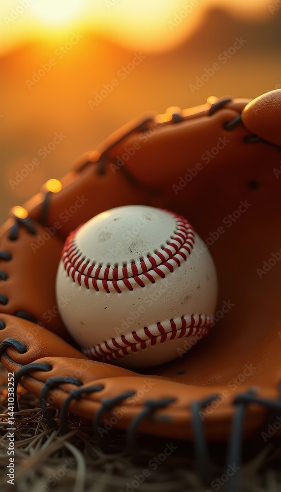 Fototapeta premium A close-up of a well-worn baseball resting in an amber-colored glove, illuminated by a warm sunset glow, capturing the essence of america's favorite pastime.