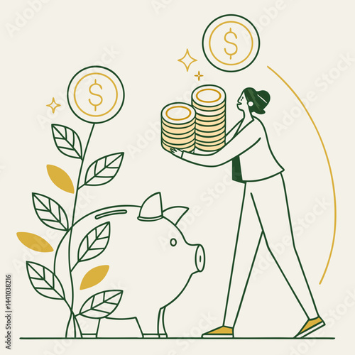 Woman Saving Money In Piggy Bank Investment Growth Concept