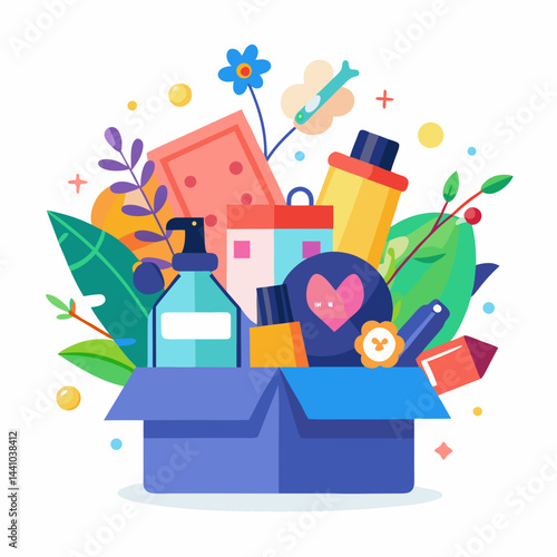 Colorful Illustration Of A Box Full Of Personal Belongings And Plants