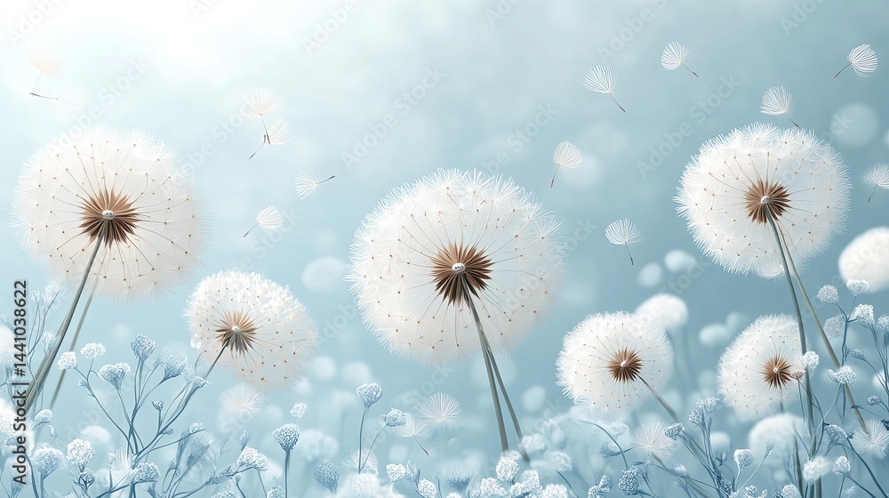 Obraz premium Serene Dandelions Floating on a Gentle Breeze Peaceful Nature Scene
