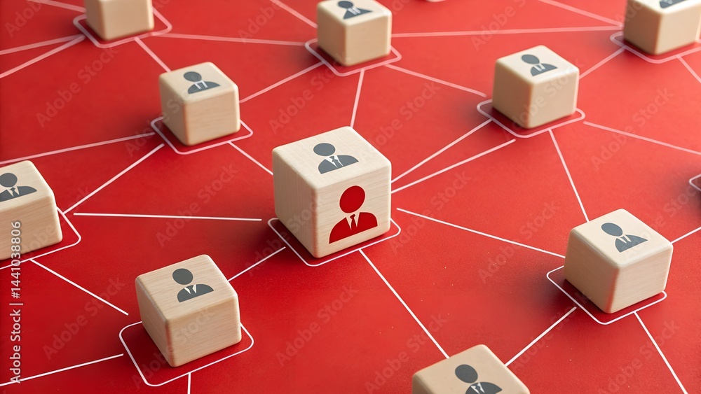 Interconnected Network: A striking visual of interconnectedness with red lines linking wooden blocks, each representing a person, highlighting the concept of social networks and relationships. Interconnected Network: A striking visual of interconnectedness with red lines linking wooden blocks, each representing a person, highlighting the concept of social networks and relationships.
