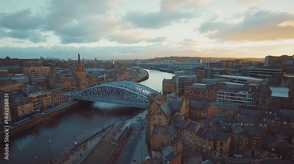 Fototapeta premium Newcastle skyline panoramic view River Tyne historic buildings modern architecture iconic British city landscape image