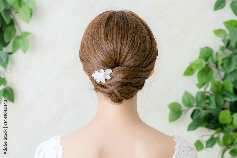 Naklejka premium Back view of woman with blonde low bun and single white floral hairpin, surrounded by soft greenery, minimalist and natural hairstyle perfect for formal spring occasions