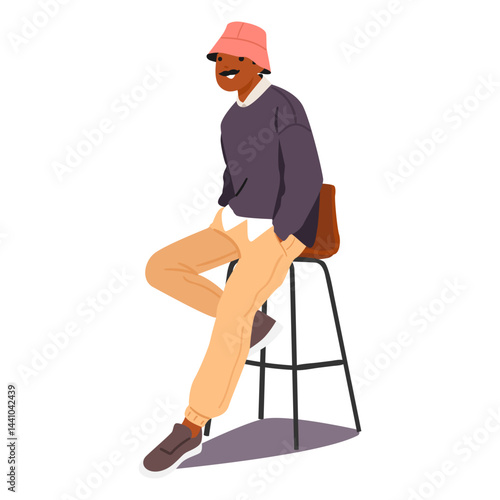 Hipster mustached guy cartoon character sitting on bar stool furniture isolated on white background