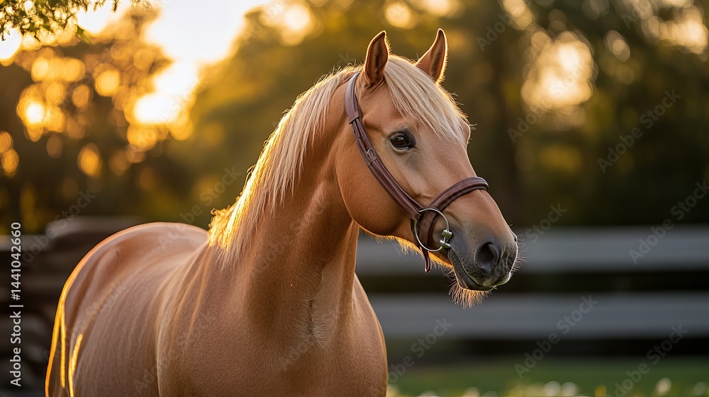 Obraz premium Golden Palomino Horse Portrait Sunset Meadow Beautiful Equestrian Photography Stunning Animal Image Elegant Horse Headshot Warm Golden Light Rural Scene Peaceful Farm Animal Purebred Horse Elegant 