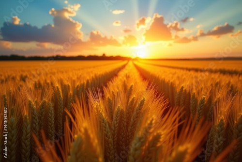 Golden wheat field glowing under vibrant sunset sky with sun rays breaking through dramatic clouds, symbolizing harvest season, agriculture, and rural beauty