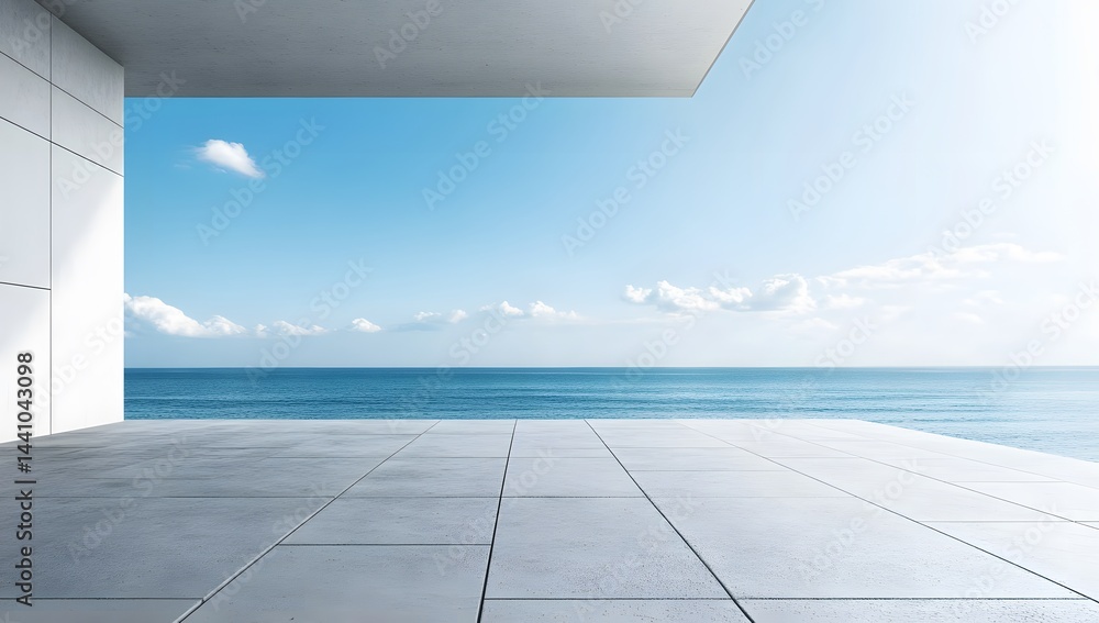 Minimalist ocean view terrace with white marble tiles and clean architectural lines, offering a serene and luxurious escape to the horizon Minimalist ocean view terrace with white marble tiles and clean architectural lines, offering a serene and luxurious escape to the horizon