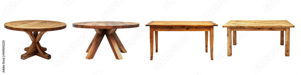Fototapeta premium Collection of wooden round and rectangular tables with rustic finishes, isolated on a transparent background.