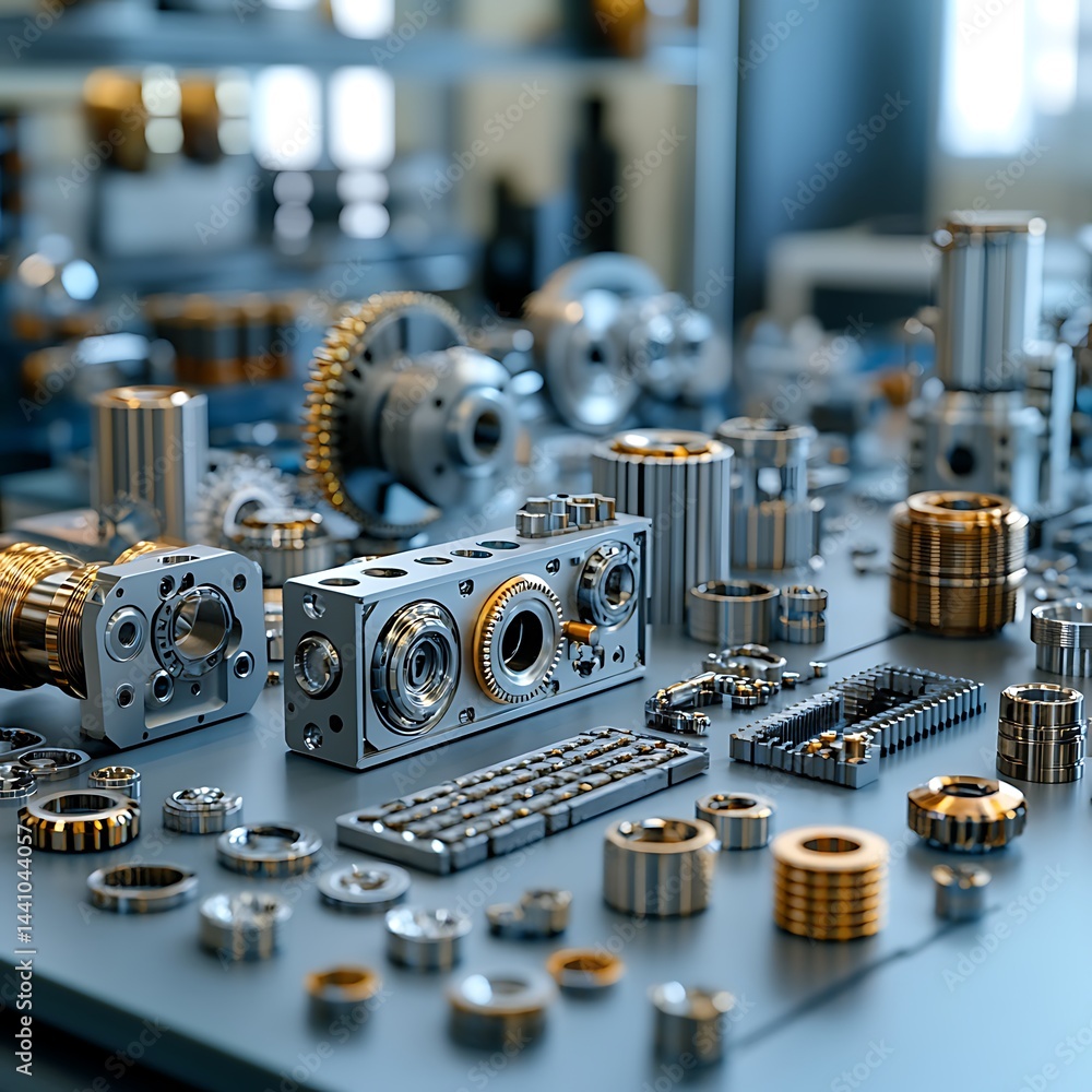 Precision Machined Metal Components High Resolution Image On Gray Tabletop Surface Precision Machined Metal Components High Resolution Image On Gray Tabletop Surface