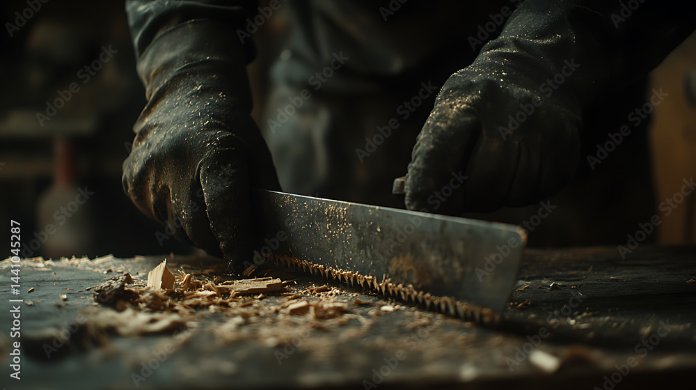 Close-up of a Carpenter Sawing Wood Close-up of a Carpenter Sawing Wood