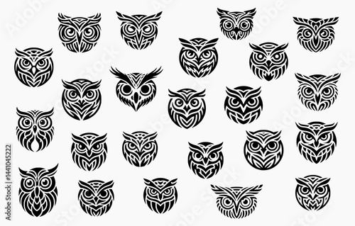 Tribal owl face collection with black silhouettes featuring distinctive patterns perfect for logo design and wisdom symbolism branding