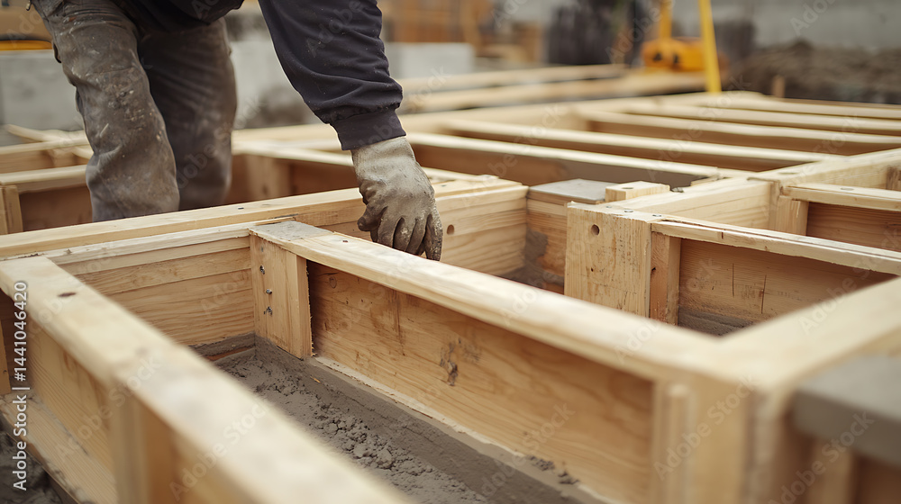 Construction Worker Building Wooden Framework Construction Worker Building Wooden Framework