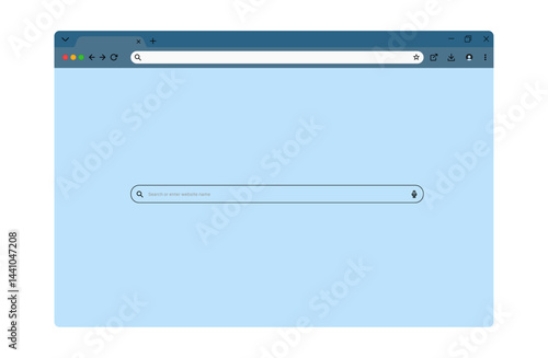 Transparent browser window on blue and violet background. Window internet browser with toolbar and search bar. Blank screen website mockup. Template design for ui, ux, app. Vector illustration