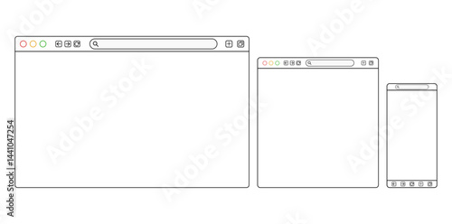 Browser window flat, line icons set . Design template with browser window for website and mobile app device. Internet page concept for desktop and smartphone vectors isolated on transparent background
