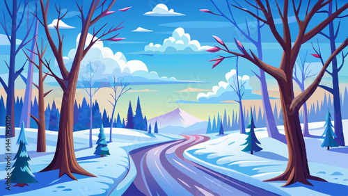 The road stretches far into the wintry distance.
Leafless trees form dark silhouettes against the sky.
Each breath of air is sharp and crystal clear.
Nature sleeps under the bright winter sun.