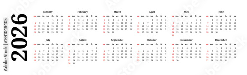 Calendar for 2026 isolated on a white background