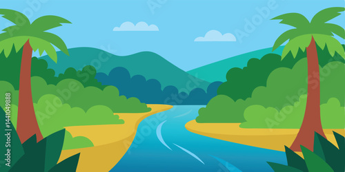 Cartoon peaceful jungle river vector illustration