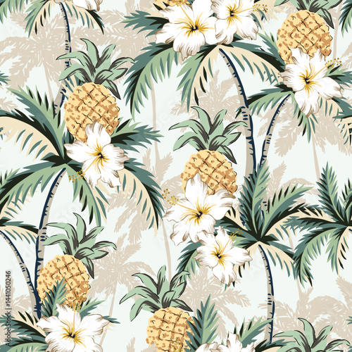 Tropical pineapple fruits, palm trees, silhouettes, hibiscus flowers, light background. Seamless pattern. Vector illustration. Exotic plants. Summer beach design. Paradise nature