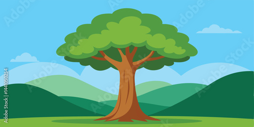 Single huge tree in peaceful jungle cartoon vector illustration