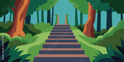Overgrown stairway in forest cartoon vector illustration