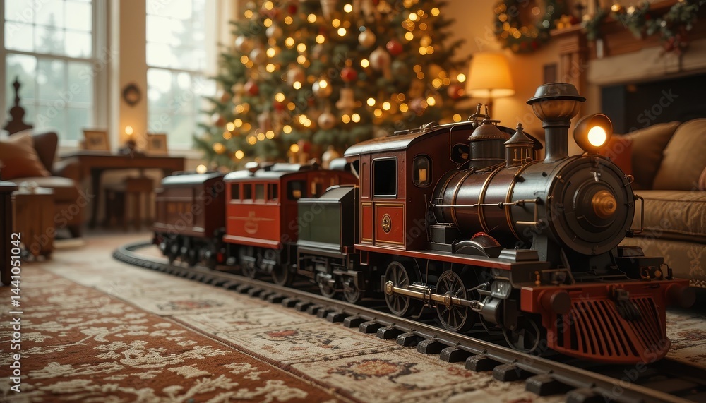 Festive Train Set With Christmas Tree and Cozy Living Room Decor Festive Train Set With Christmas Tree and Cozy Living Room Decor