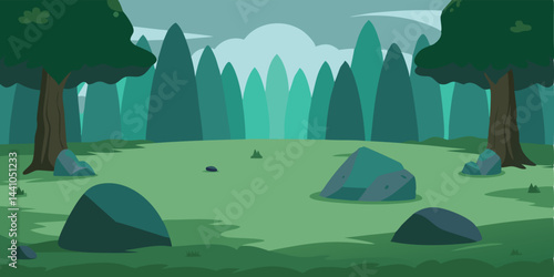 Empty clearing with large stones in forest vector illustration