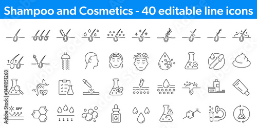 Shampoo, Hair Care and Cosmetics - vector editable line icons. Beauty and Skin Care icons collection.