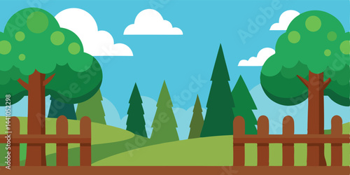 Cartoon forest with old wooden fence vector illustration